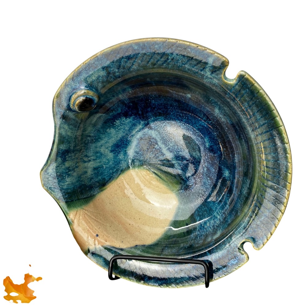 James Lawson Pottery Fish Bowl 1994 Vintage Blue Teal Drip Glaze Handcrafted Art